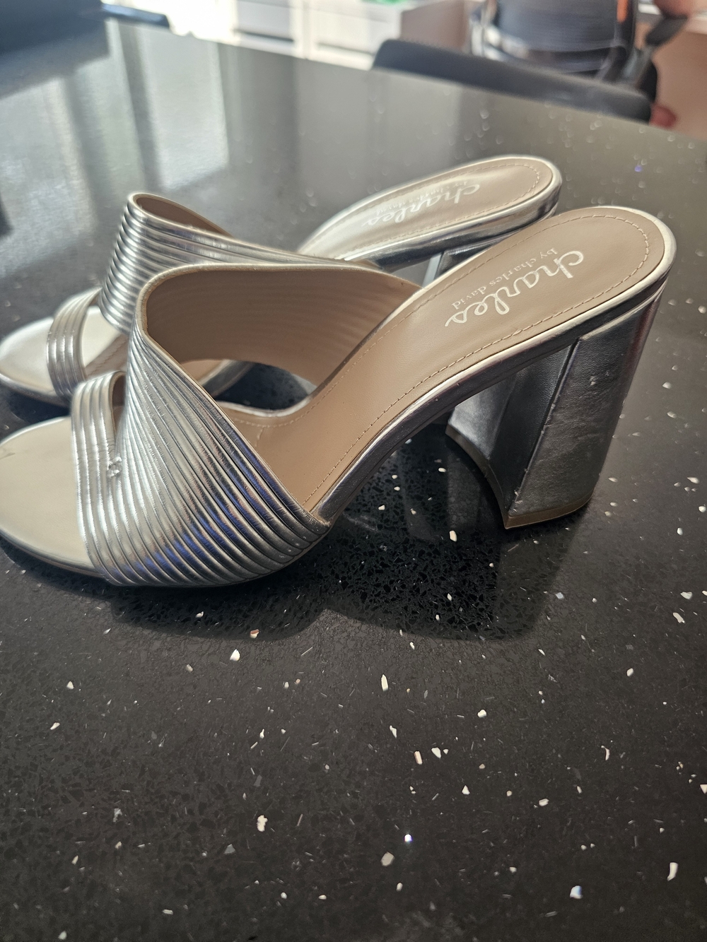 Charles David Silver Metallic Block Heel Mule